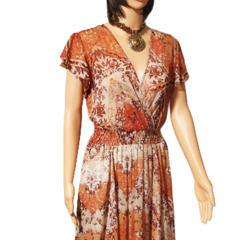 Kate & Lily Woman's Coral Red and Tan Bohemian Print Relax Maxi Long Dress SZ 10